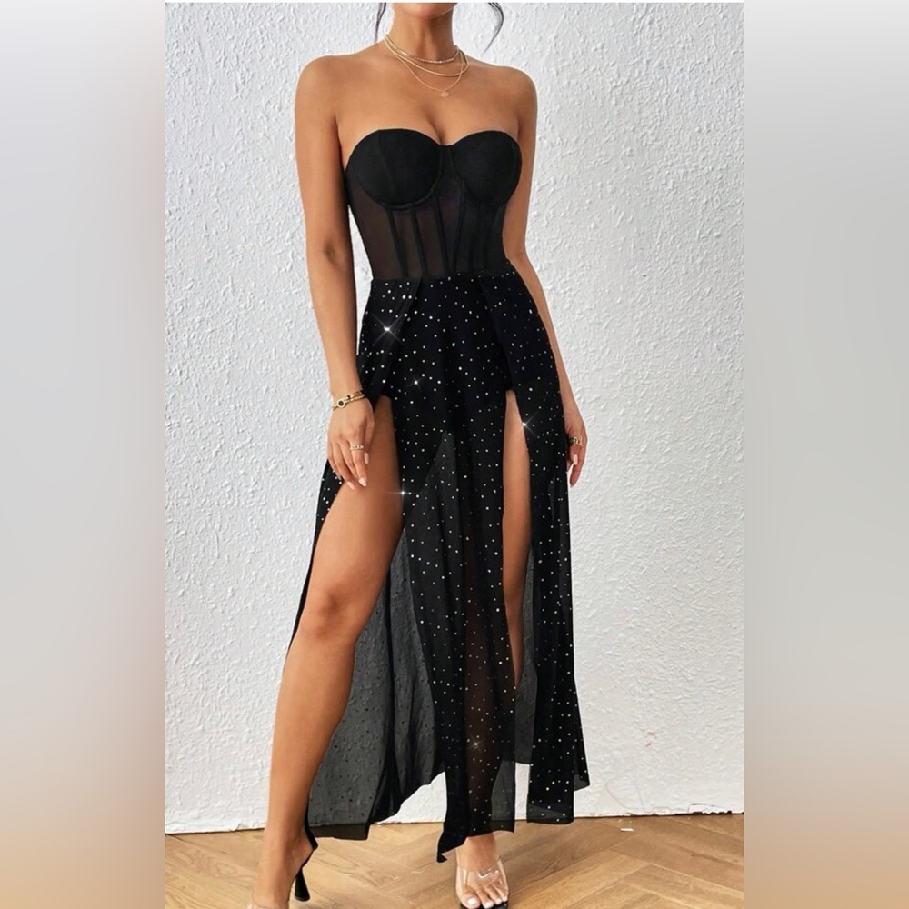 COPY - Contrast Mesh Split Thigh Bustier Tube Dress
